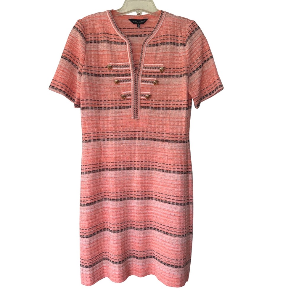 Ming Wang Coral Pink Knit Stripe Dress Short Sleeve small